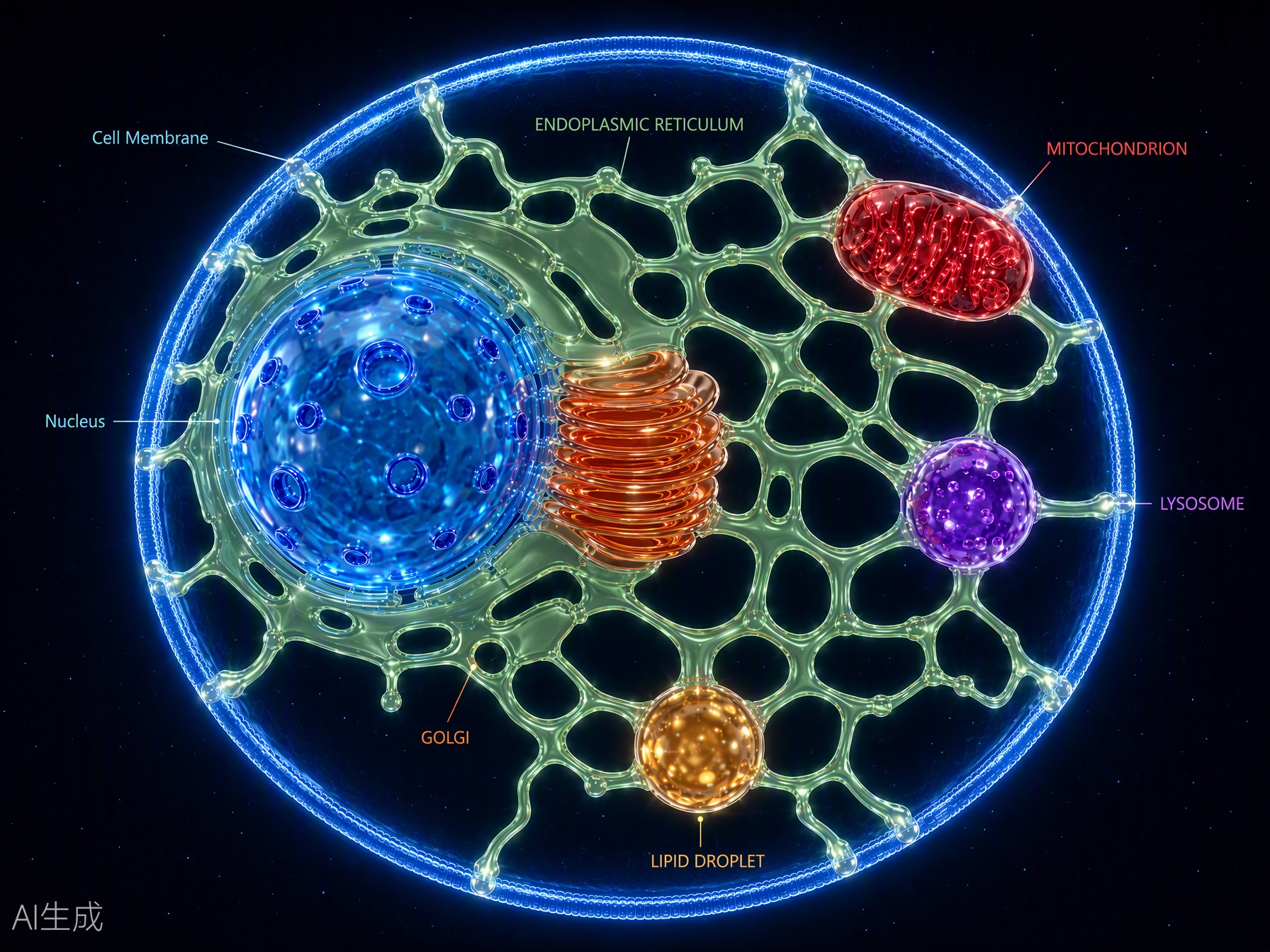 Illustrated cell showing the nucleus, endoplasmic reticulum, Golgi, mitochondrion, lysosome, and lipid droplet