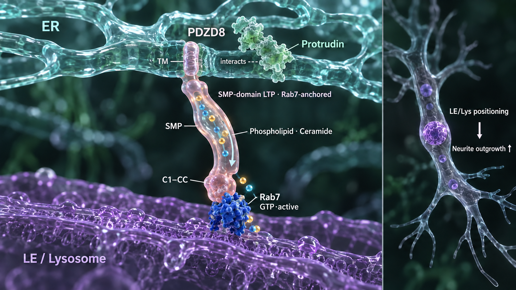 PDZD8 anchored in the ER binds Rab7 on the late endosome/lysosome via its C1–CC region and transfers lipids through its SMP domain